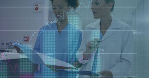 Healthcare professionals analyzing data with chart overlay in hospital corridor