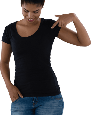 Smiling Woman in Black Shirt Pointing Down on Transparent Background - Download Free Stock Videos Pikwizard.com