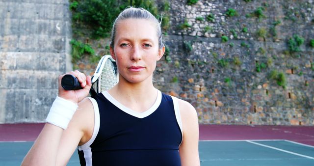 Confident female tennis player with blonde hair holding racket on outdoor court. Wearing sports attire with focused expression. Great for promotions, articles on tennis, active lifestyle and fitness.
