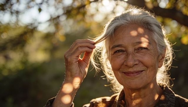 Close-up senior woman smiling in golden hour touching silver-gray hair with dappled light