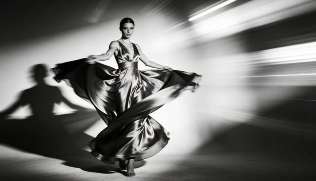 Cinematic monochrome fashion: woman spinning in reflective satin gown with dramatic shadow