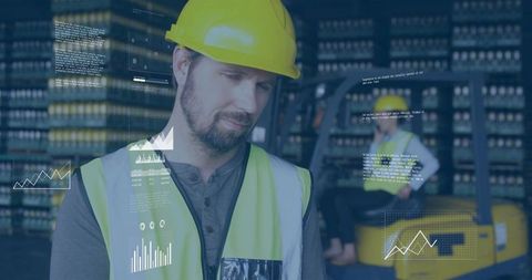 Warehouse Inventory Analytics Worker Inspecting Stock with Forklift and HUD Overlays