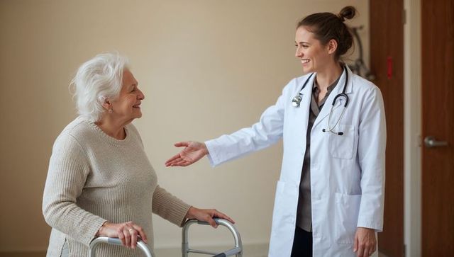 Smiling female doctor greeting senior woman using walker in clinic, compassionate care