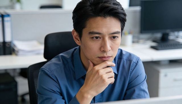Focused young professional contemplating work at computer in modern open-plan office