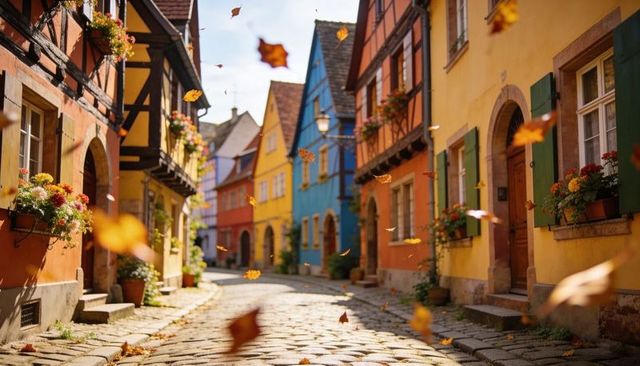 Autumn Leaves Drifting Down Cobblestone Alley Lined With Colorful Half-Timbered Houses