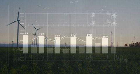 Wind energy statistics over green farmland with data overlay