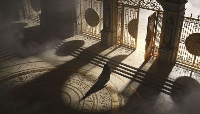 Cloaked silhouette casting dramatic shadow across marble foyer toward sunlit gilded gates