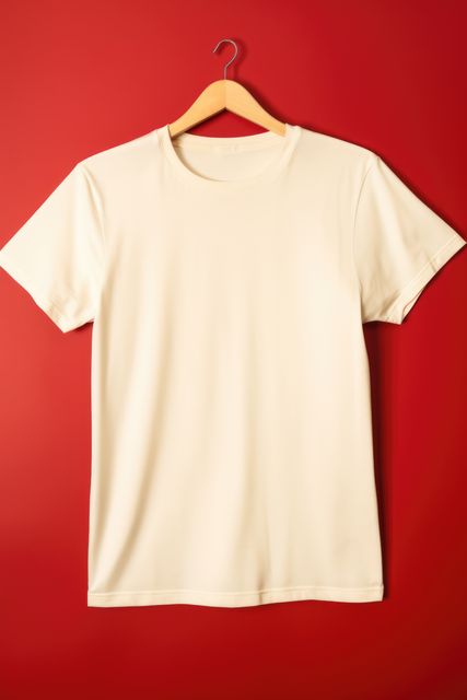 Plain white t-shirt hanging on a wooden hanger against a vibrant red background. Excellent for fashion ads, clothing store displays, or as a blank template for design projects. Ideal for presentations related to apparel, marketing, and promotions.