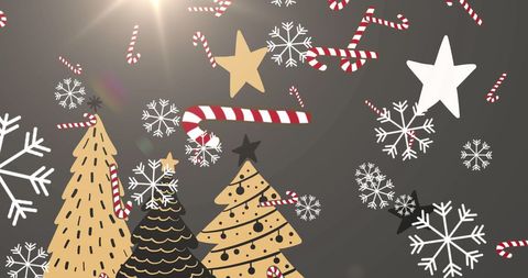 Festive Christmas Symbols with Candy Canes and Stars on Grey Background