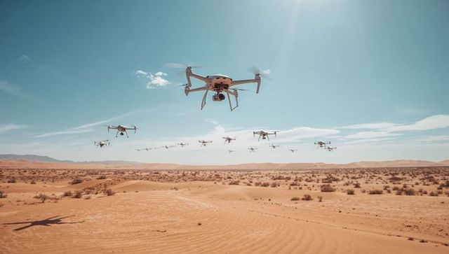 Fleet of quadcopter drones over majestic desert landscape