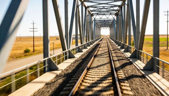 Railway Tracks Stretching Across Steel Truss Bridge Over Sunlit Farmland with Leading Lines