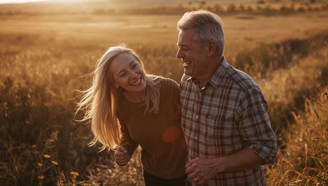 Sunlit senior couple walking and laughing through flowering meadow at sunset golden hour