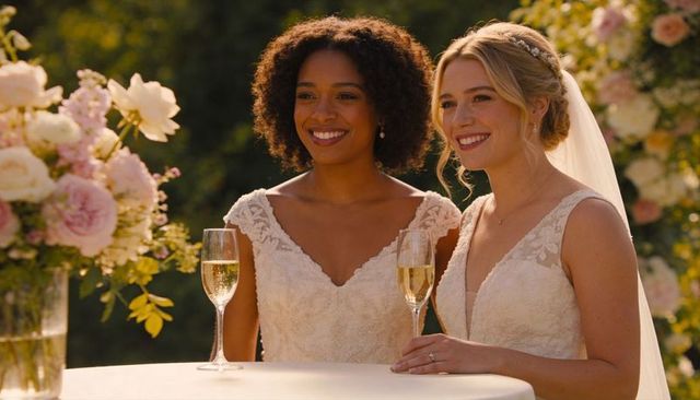 Two brides toasting champagne at garden wedding in lace gowns and veils