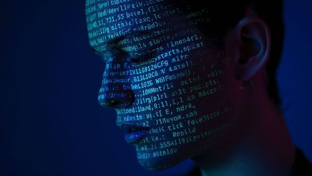 Neon code projecting on male face creating futuristic cyber identity and ai concept art