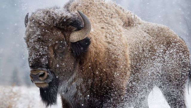 Majestic american bison standing in snowstorm with frosted horns and shaggy winter coat