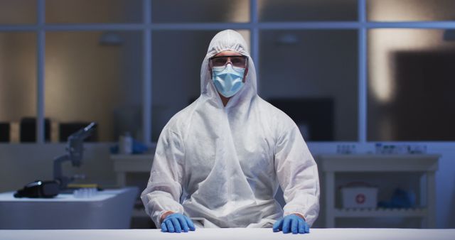 Scientist wearing full protective gear including mask, gloves, and hazmat suit working in a laboratory. Suitable for use in topics related to health and safety, medical research, pandemic response, scientific experiments, or biotechnology developments.