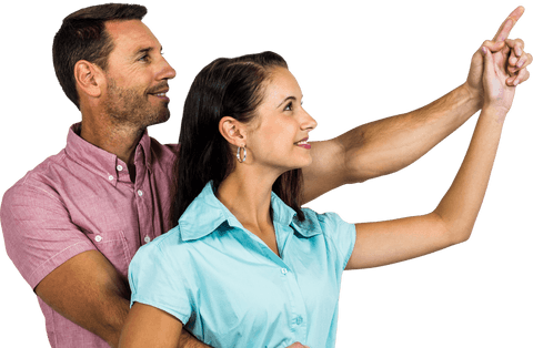 Smiling Couple in Casual Outfits Pointing Forward on Transparent Background