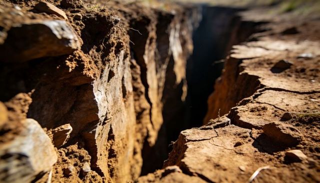 Sunlit desert fissure revealing deep narrow soil crevice with layered rock walls