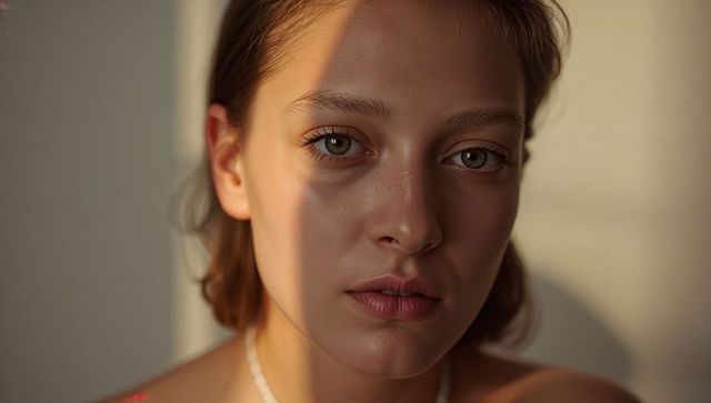 Gazing adult woman with hazel eyes, sun stripe and pearl necklace during golden hour