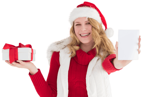Transparent Festive Woman in Santa Hat Holding Gift Cheerfully