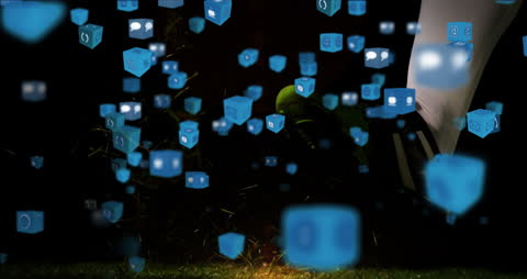 Floating Digital Icons Surrounding Rugby Ball in Darkness