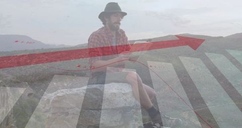 Financial Data Overlay on Man Navigating with Map in Mountains - Download Free Stock Images Pikwizard.com