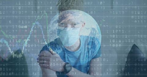 Masked man holding arm with globe and data overlays representing global health analytics