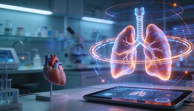 Projecting holographic lungs above tablet with heart model for interactive diagnostics