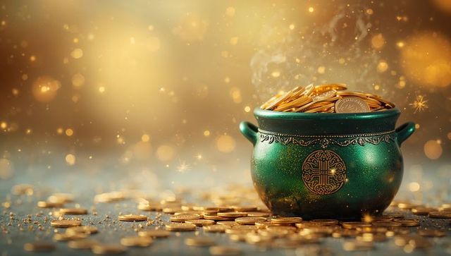 Glowing emerald cauldron overflowing with gold coins, celtic medallion and magic bokeh