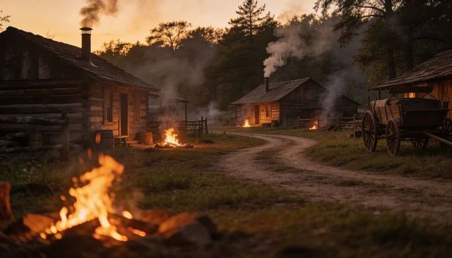 Glowing frontier log cabins with smoking chimneys and campfires along winding dirt trail