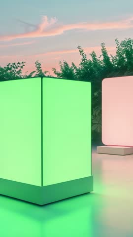 Vertical video showing ambient cube lights shifting green and pink on patio at sunset