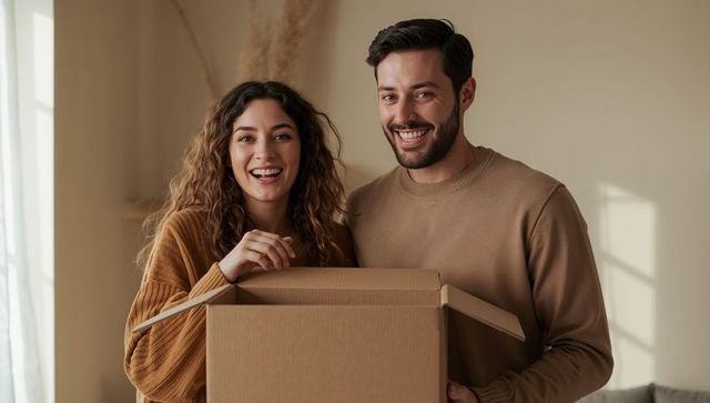 Smiling young couple unpacking cardboard box in sunlit minimal living space, new home