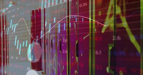 Futuristic Data Center Merging with Stock Market Candlestick Charts and Neon Overlays