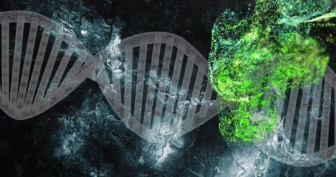 Translucent dna helix stretching over abstract lab visual with neon-green particles swirling