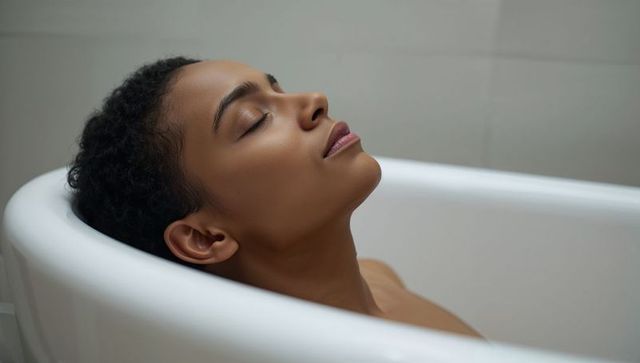 Serene woman reclining in freestanding bathtub relaxing eyes closed bare shoulders