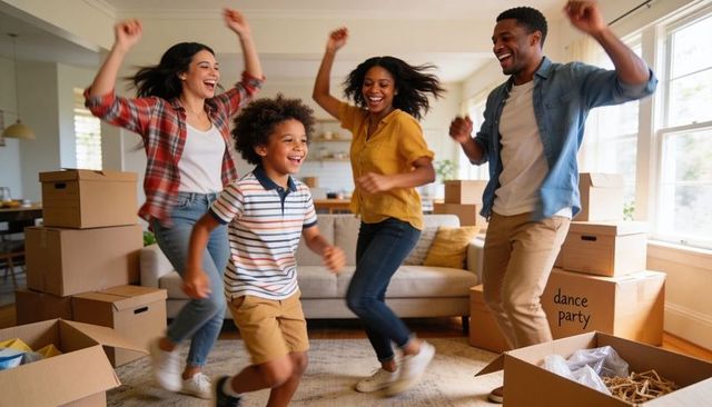 Family dancing and celebrating during joyful moving day in bright new living room