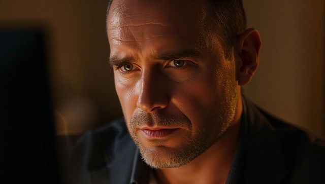 Midnight focus man concentrating on screen with warm amber rimlight closeup