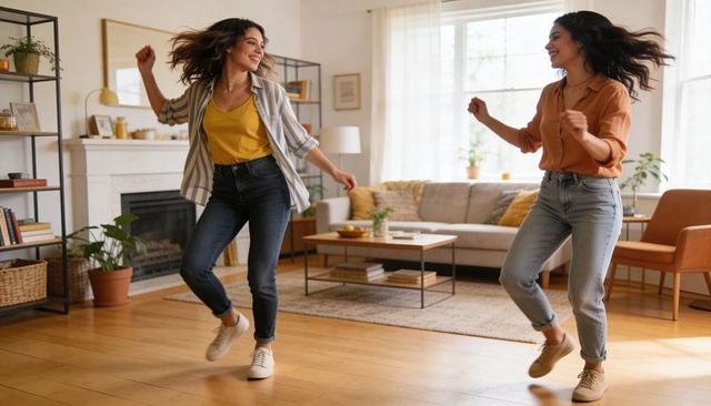 Two hispanic women dancing in bright cozy living room wearing jeans and sneakers