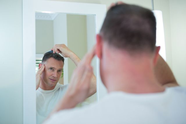 Man combing hair in bathroom mirror, focusing on grooming and personal hygiene. Ideal for use in articles or advertisements related to men's grooming products, morning routines, self-care tips, or home bathroom designs.
