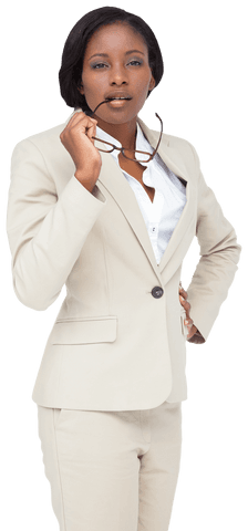 Confident African American Businesswoman Holding Glasses on Transparent Background