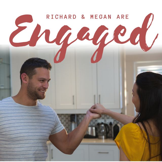 Couple joyfully celebrating their engagement in an intimate kitchen moment. Ideal for use in engagement announcements, wedding planning materials, blogs about relationships and love, and lifestyle articles.