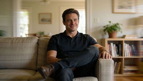 Smiling man relaxing on beige sofa in cozy living room with bookshelf and plants