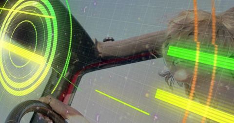 Person Driving Convertible with Futuristic HUD Visuals