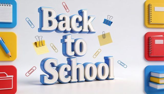 Back to school 3d typography with floating stationery, colorful icons and glossy blocks