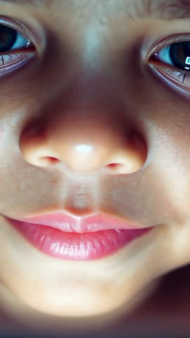 Vertical video showing child fixating on glowing screen, close-up eyes and smiling lips in low light