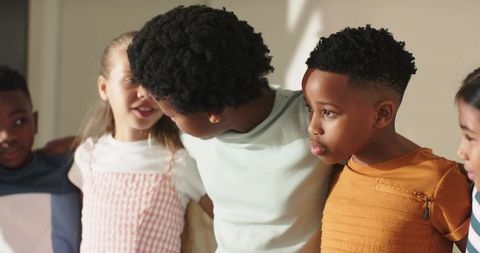 Sunlit Multicultural School Kids Linking Arms and Talking, Friendship Inclusion Unity