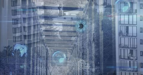 Digital Data Overlaying Urban Skyline Symbolizing Global Connectivity