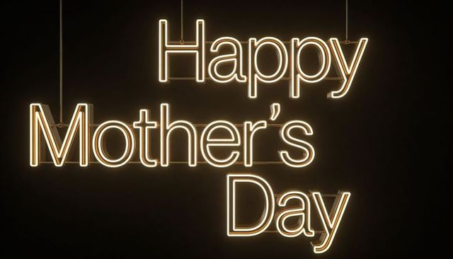 Glowing neon happy mother's day sign on dark wall hanging warm minimal lighting