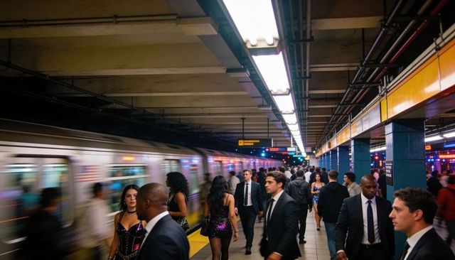 Rushing Through Nighttime Subway: Suit-clad Commuters and Sequined Partygoers
