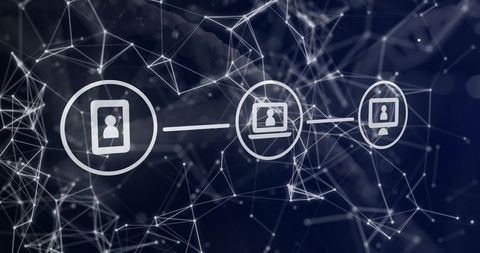 Glowing Network Mesh Connecting Mobile, Laptop and Desktop Avatars for Data Flow and Sync